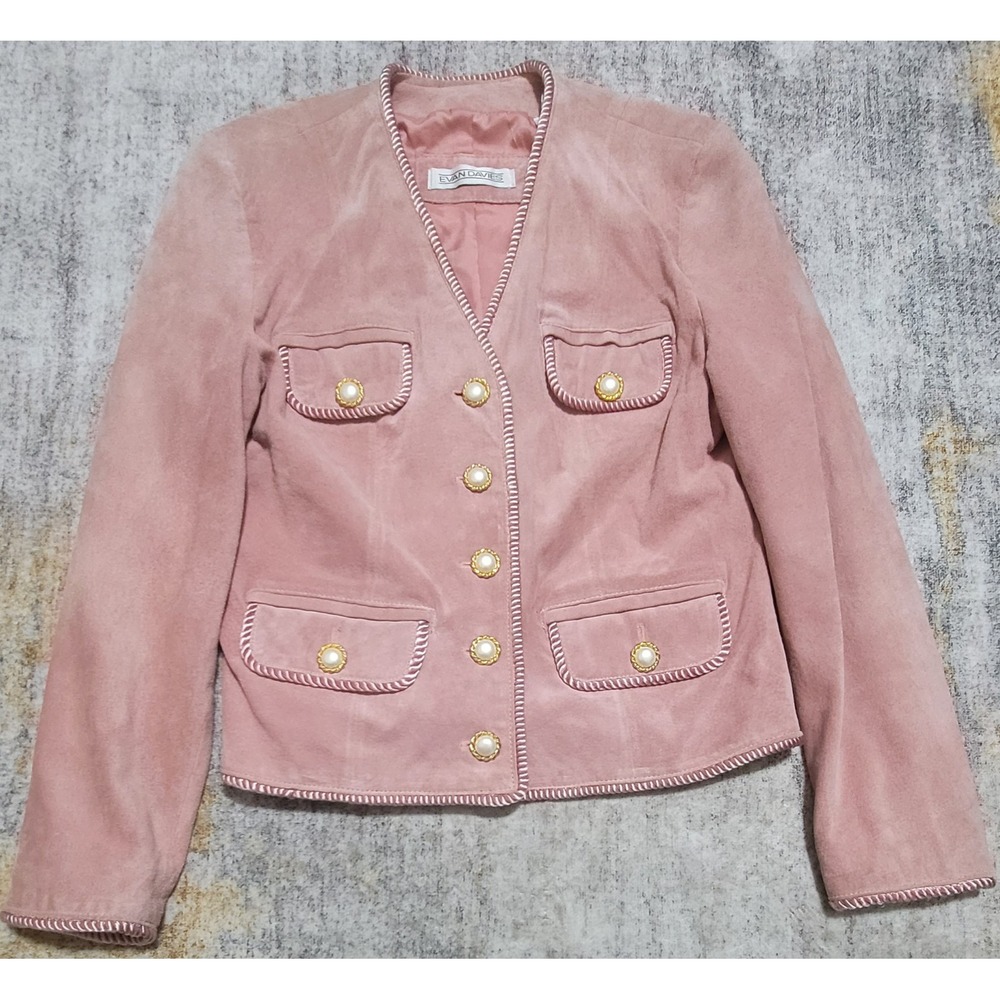 Vtg Evan Davies Women's Pink Suede Button‎ Front Collarless Jacket Size 4